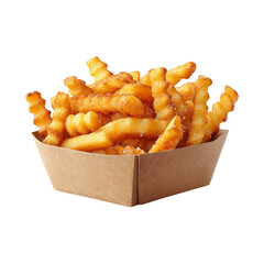 Crispy golden crinkle-cut French fries served in a cardboard tray. Delicious salty fast-food snack, perfect as a side dish or street food treat.
