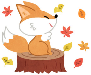 秋の紅葉のなか切り株に座るかわいいキツネの動物アイコンイラスト