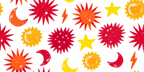 Hand drawn cartoon hot element. Flash lightning fire star pastel pattern bg. Punk Rock vector background.