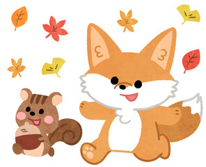 秋の紅葉のなかを歩くかわいいキツネとリスの動物アイコンイラスト