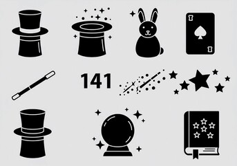 A collection of black and white icons representing magic, including a top hat, rabbit, wand, and crystal ball.