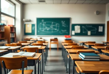 Naklejka premium Blurred classroom with desks, books, and chalkboard, seamless texture, homework