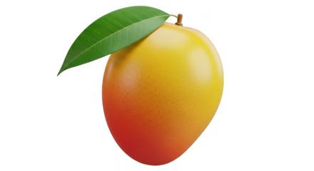Ripe mango fruit with green leaf isolated on transparent background