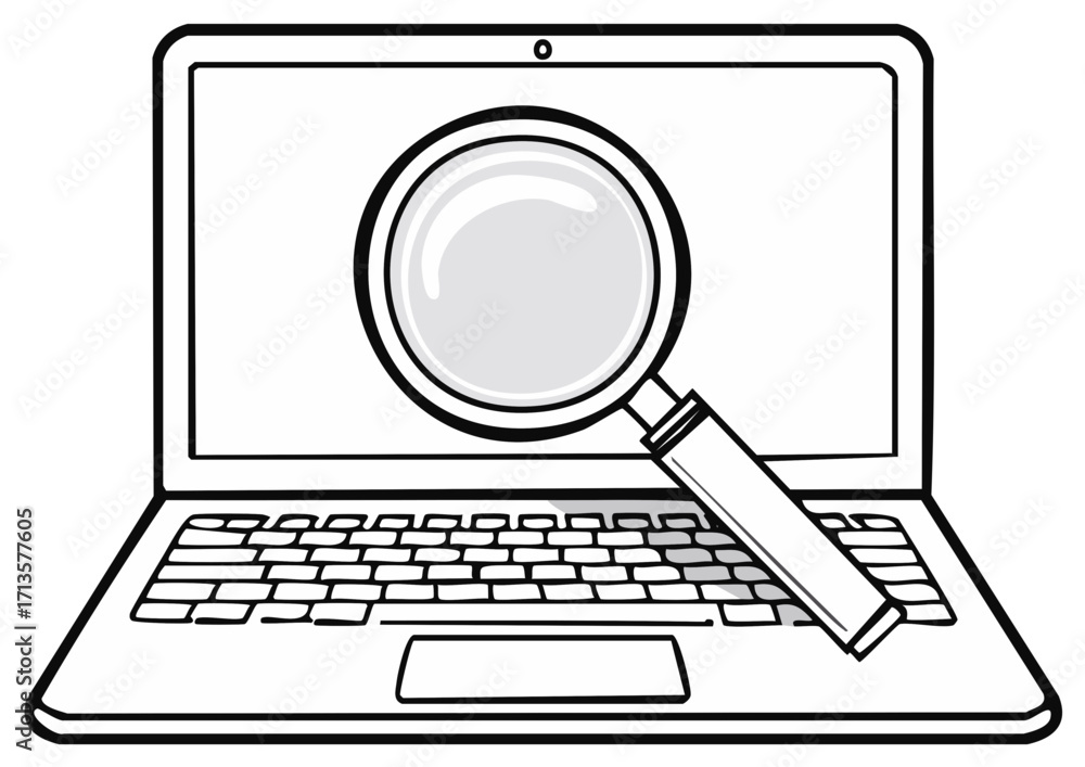 Wall mural magnifying glass focused on laptop screen representing search engine optimization and digital invest