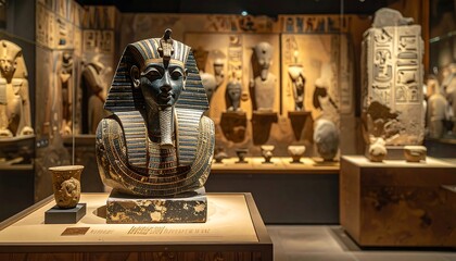 An inside view of a museum with an ancient artifact, showcasing art, artifacts, and relics from a historical civilization