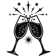 Two champagne glasses toasting with sparkling stars isolated on transparent background for celebration and festive events