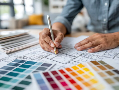 Creative Designer Sketching Plans With Color Swatches for an Interior Project in a Modern Workspace