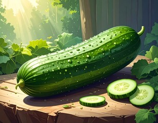 Fresh cucumber on wooden stump