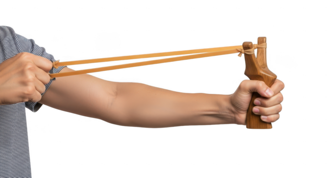 Person holding a wooden slingshot isolated on transparent background
