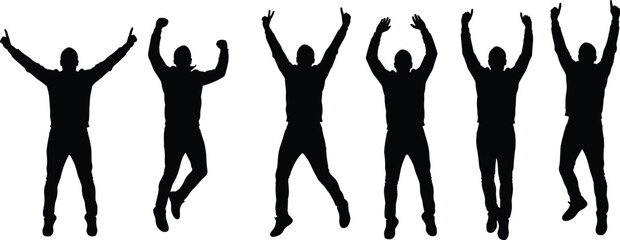 Energetic jumping silhouette figures with raised arms, group of people celebrating success, victory, and happiness, dynamic motion poses, isolated on a white background for stock image use