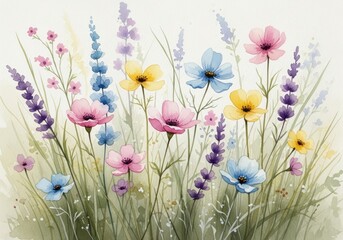Vibrant Wildflower Meadow Watercolor Painting with Delicate Flora on White