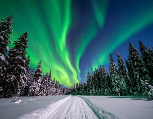 Northern Lights over snowy forest