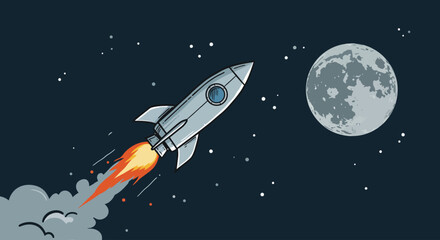 Naklejka premium Cartoon rocket ship flying towards a full moon in outer space