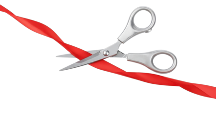 Scissors cutting red ribbon for grand opening or sale isolated PNG with Transparent Background
