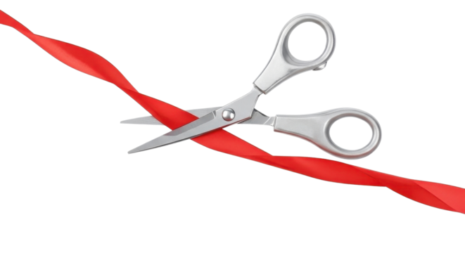 Scissors cutting red ribbon for grand opening or sale isolated PNG with Transparent Background