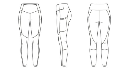Technical drawing of leggings in three views, isolated on transparent background for fashion design and activewear purposes