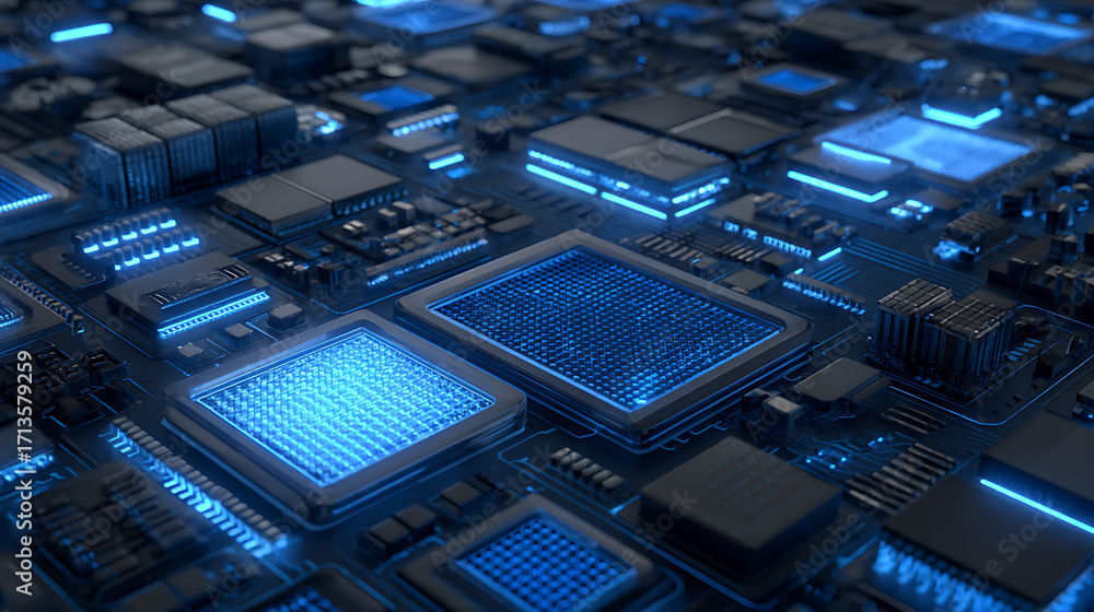 Poster blueprint-style chip layout with glowing blue grid highlights on circuit elements