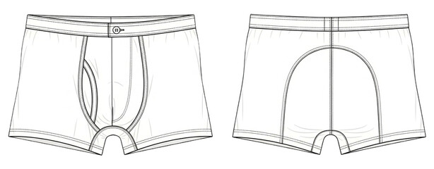 Technical drawing of mens boxer briefs isolated on transparent background for fashion design and garment production needs