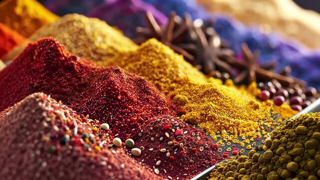 A captivating close-up of a variety of colorful spices and herbs, beautifully illuminated to highlight their vibrant colors and rich textures, perfect for culinary-themed concepts.