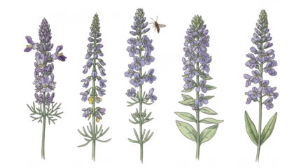 Five tall purple flower stalks isolated on transparent background