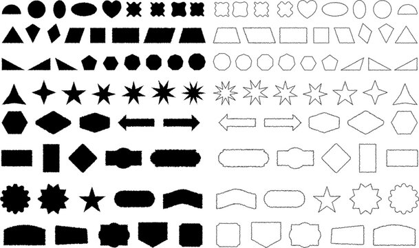 A diverse collection of geometric shapes and flowchart symbols arranged in a structured layout