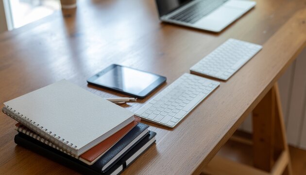 A contemporary and organized home office desk featuring digital and traditional tools like a laptop, tablet, and notebooks, fostering a productive environment for work, study, or creative projects