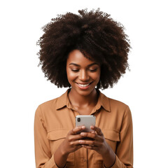 A young woman with voluminous curly hair smiling while looking at her mobile phone isolated on transparent background
