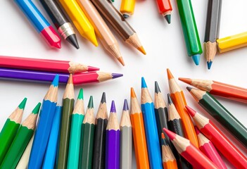 Obraz premium Close-up of colorful markers and pencils arranged on a white background, bright, sketch pen