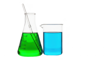 Two laboratory flasks with colored liquids isolated on transparent background