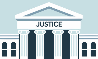 Stylized illustration of a courthouse with the word JUSTICE.
