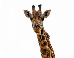 Obraz premium A curious giraffe's head and neck against a stark white background.