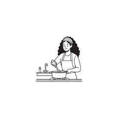 Black and White Vector Illustration of a Smiling Woman Cooking in Kitchen with Apron and Headband