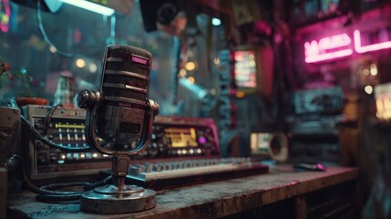 Vintage Microphone in a Retro Recording Studio with Neon Lights