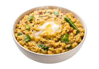 A bowl of steaming, flavorful Upma, a South Indian dish, garnished with fresh cilantro, green chilies, and a dollop of clarified butter.