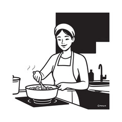 Black and White Vector Illustration of a Smiling Woman Cooking in Kitchen with Apron and Headband