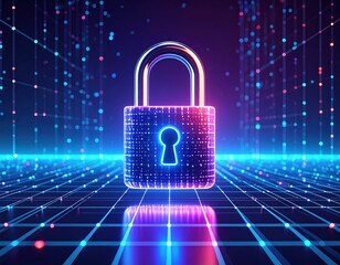 Cybersecurity concept: glowing padlock on digital grid background, representing data protection and online security.