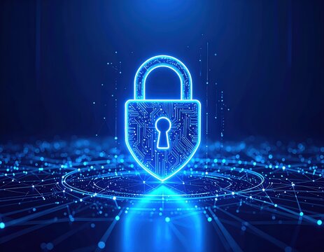A glowing digital padlock icon representing data security and protection, set against a blue background.