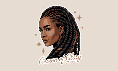 Stylized portrait of a woman with intricate braided hair and the text Crown of Glory.