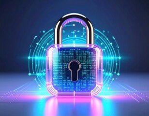 A glowing, futuristic padlock with digital circuitry inside, set against a blue and purple abstract background.