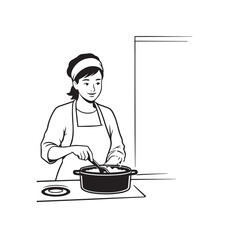 Black and White Vector Illustration of a Smiling Woman Cooking in Kitchen with Apron and Headband