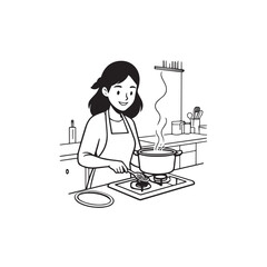 Black and White Vector Illustration of a Smiling Woman Cooking in Kitchen with Apron and Headband