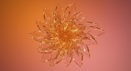 A glasslike golden flower with symmetrical petals set against a blended orangetopink backdrop