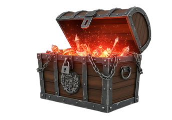 An open wooden treasure chest, filled with glowing crystals and sparking fire, reveals hidden riches against a black background.