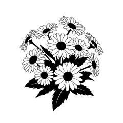 Black and white illustration of a bouquet of daisies with leaves