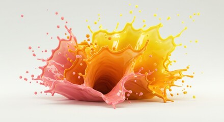 A vivid burst of liquid colorsyellow orange and pinkexploding and splashing outwards in a dynamic highresolution image