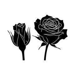 Black silhouette of a blooming rose and a rosebud on a white background
