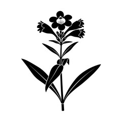 Black and white silhouette of a flowering plant with bell shaped flowers and leaves