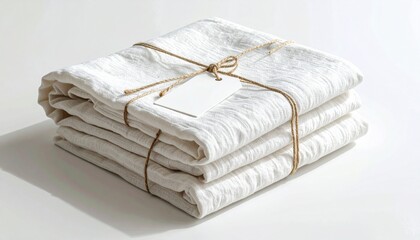 A stack of clean folded white linen textiles with a blank tag.
