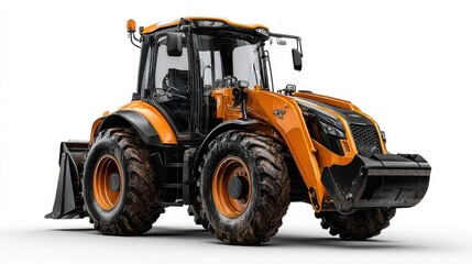 Fototapeta premium Modern Orange Tractor with Loader Attachment on White Background