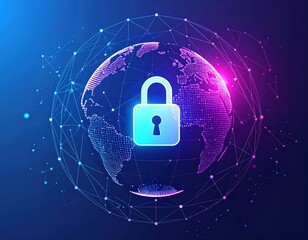 A digital globe with a padlock overlayed, surrounded by a network of connected dots, symbolizing global security.